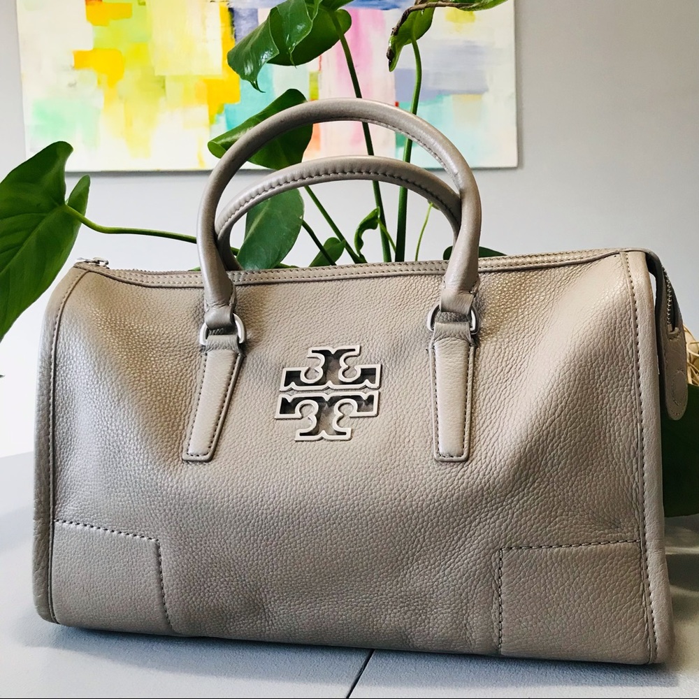 Tory Burch Taupe Leather Satchel with Silver Logo